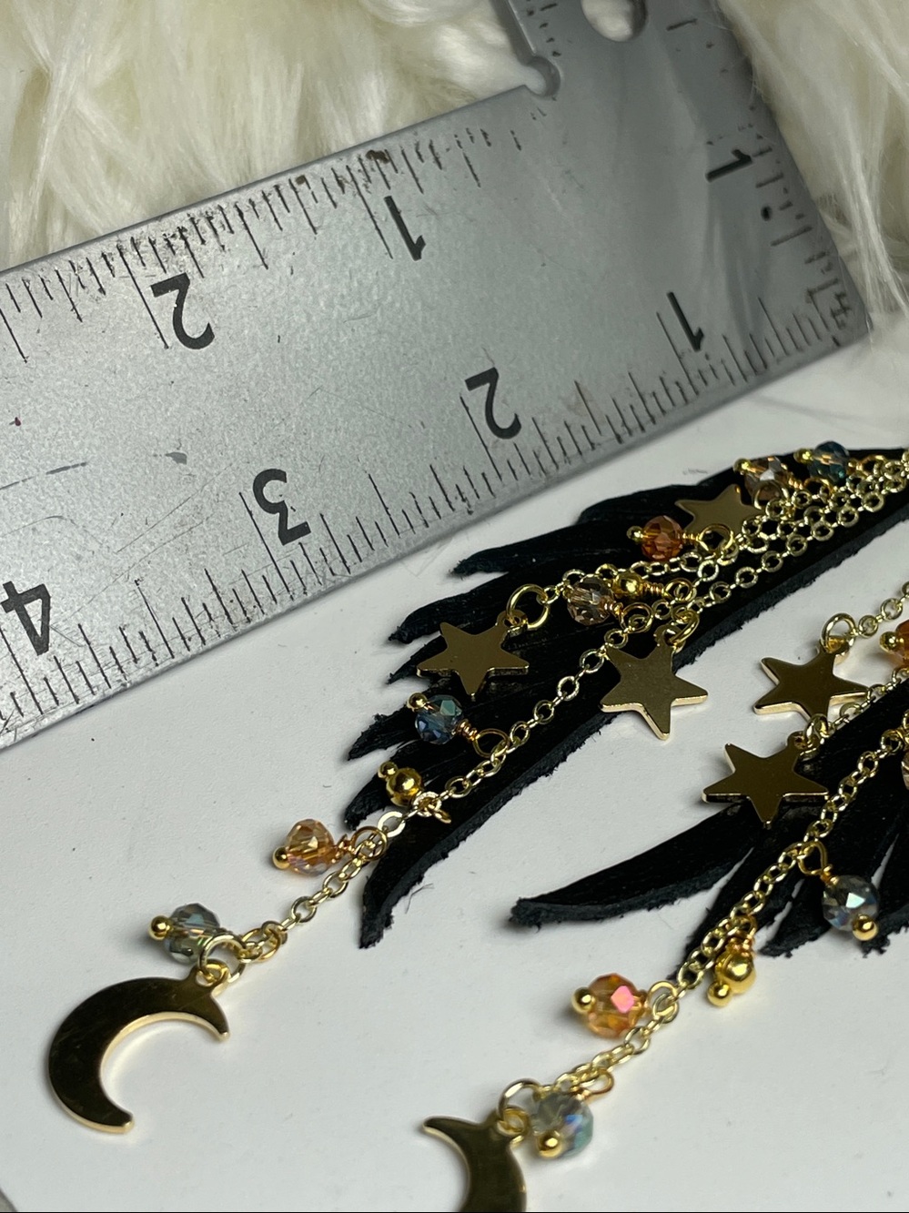 Black Leather Raven Wings & Gold Star Moon Drop Fringe Boho Earrings | Artisan - Picture 14 of 16
